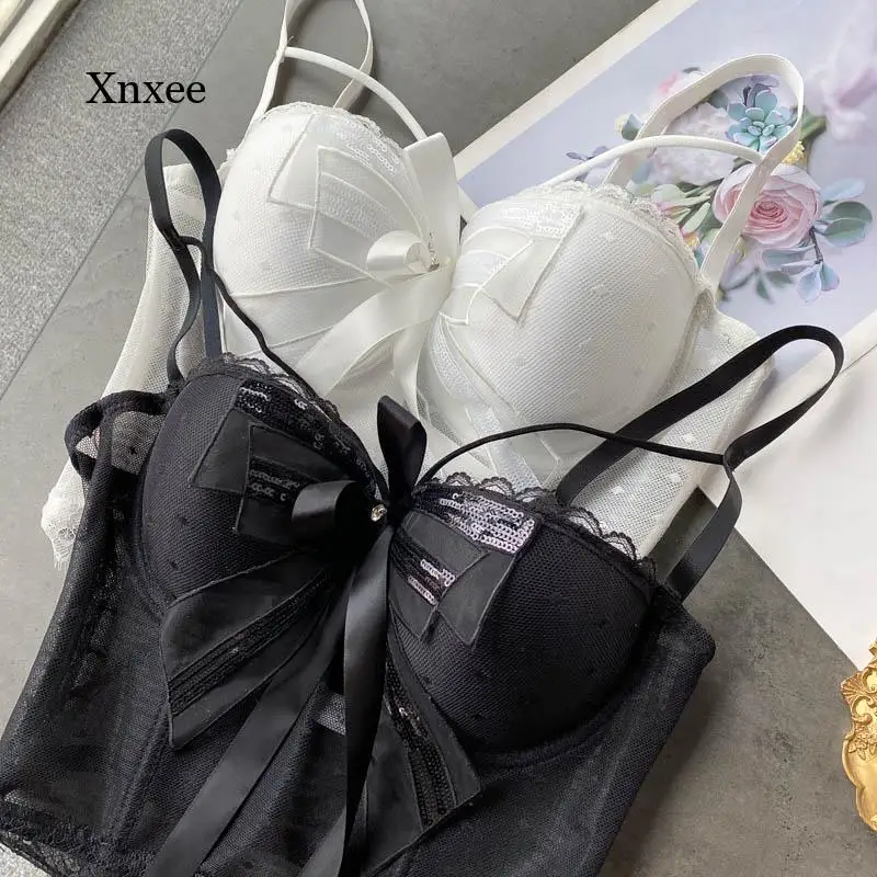 

Bowknot Ribbon Bralet Bra Women Bustier Corset Push Up White Black Adjustable Strap Dot Mesh See Through Sexy Summer Crop Tops