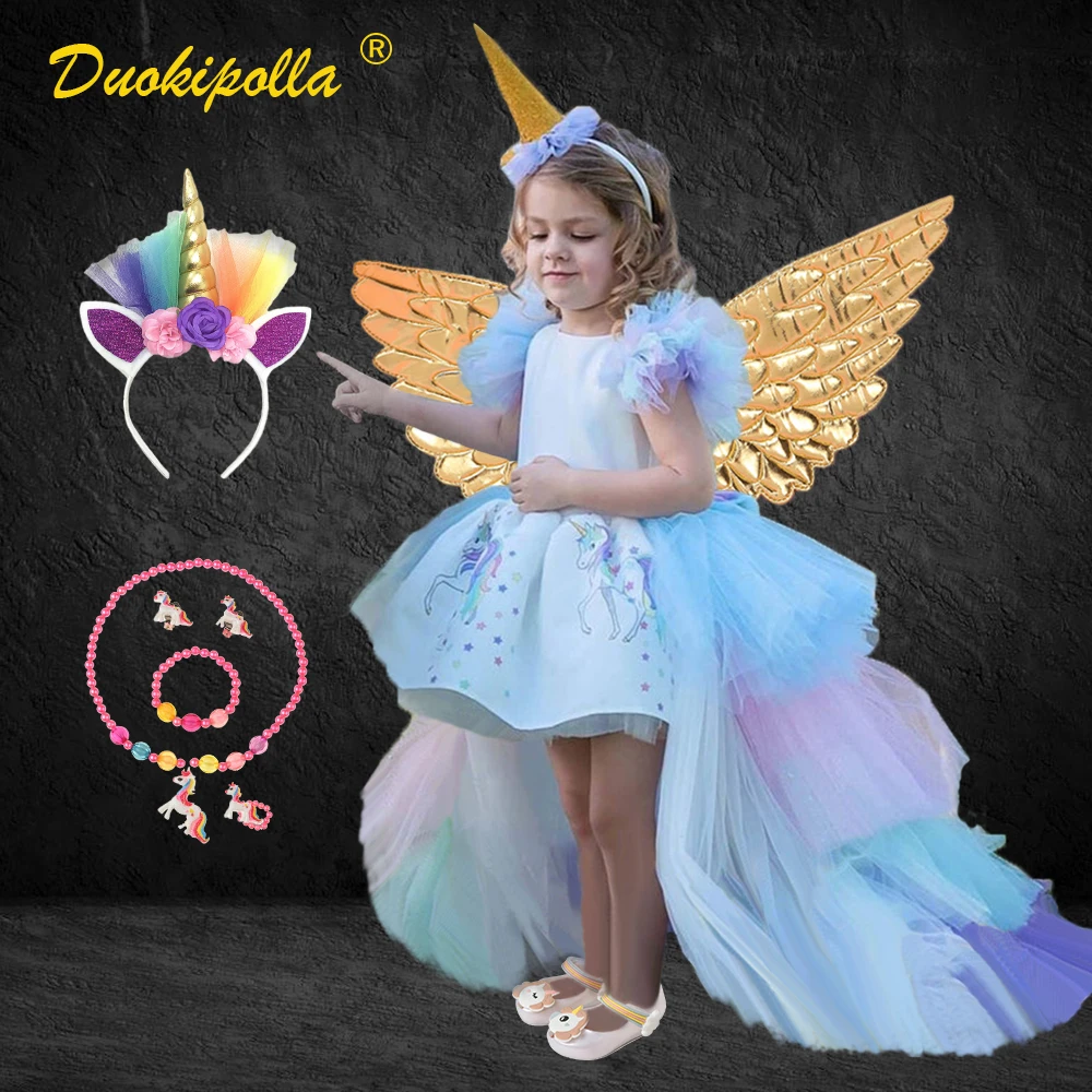 Детское Радужное платье-единорог с длинными хвостами крыльями ангела