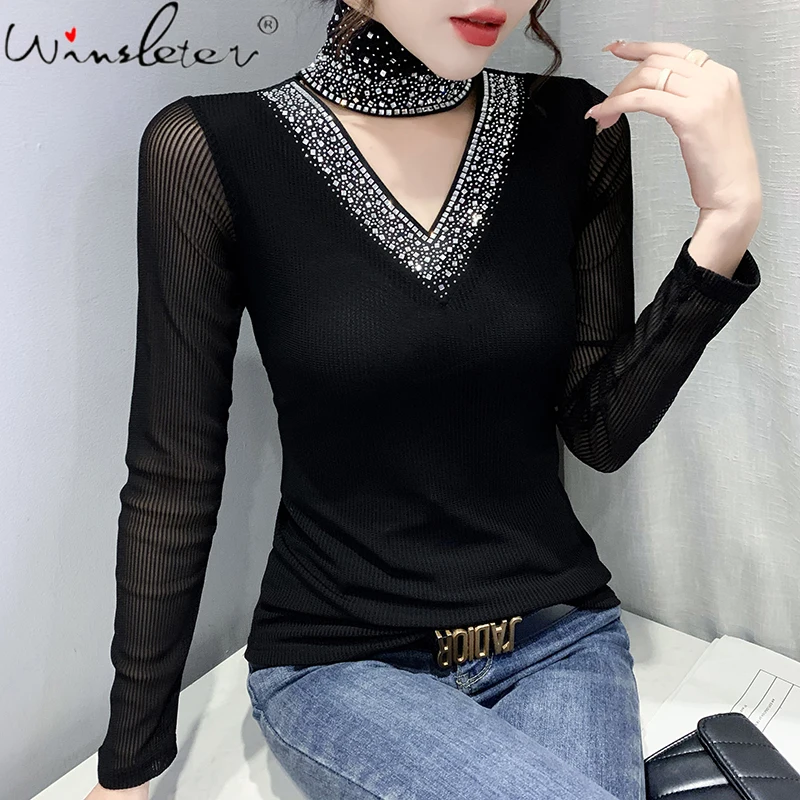 Fall Winter Korean Clothes Lace T-Shirt Chic Sexy Turtleneck Hollow Out Shiny Diamonds Tops Women Bottoming Shirt Tees T1D302A
Fall Winter Korean Clothes Lace T-Shirt Chic Sexy Turtleneck Hollow Out Shiny Diamonds Tops Women Bottoming Shirt Tees T1D302A
