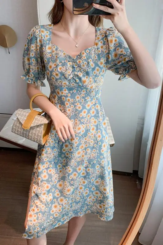French Hepburn Ruffle Women Sexy Puff Sleeve Split Dress Office Lady Korean Style Summer Elegant Chiffon Fairy Boho Vestidos
French Hepburn Ruffle Women Sexy Puff Sleeve Split Dress Office Lady Korean Style Summer Elegant Chiffon Fairy Boho Vestidos