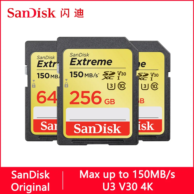 

Карта памяти SanDisk Extreme SDHC/SDXC SD-карта 4K UHD 16 ГБ 32 ГБ 64 ГБ 128 ГБ 256 ГБ C10 U3 V30 макс. до 150