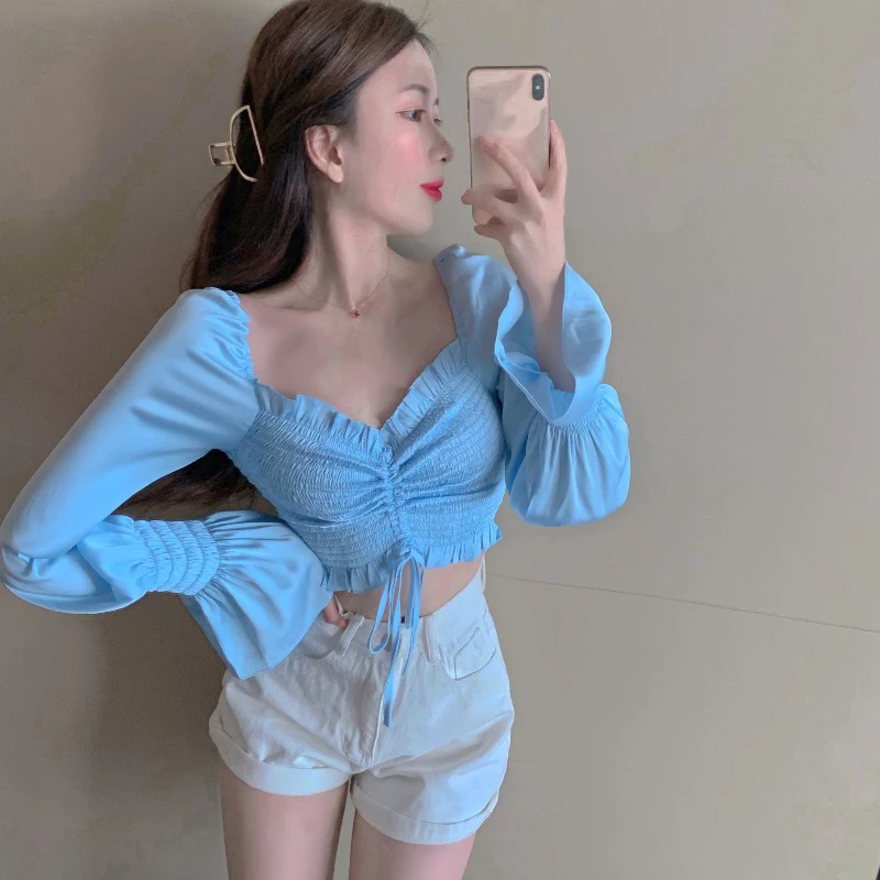 KUSAHIKI Women Blouse Drawstring Short Crop Top Shirt 2021 Spring Sexy Square Collar Flare Sleeve Blusas Mujer De Moda 6F011
KUSAHIKI Women Blouse Drawstring Short Crop Top Shirt 2021 Spring Sexy Square Collar Flare Sleeve Blusas Mujer De Moda 6F011