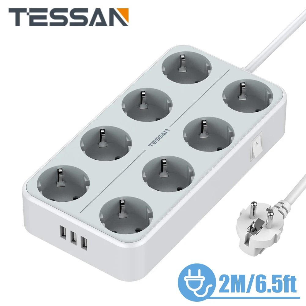 TESSAN 8-Way Power Strip, Multiple Socket with On/Off Switch and 3 USB Ports, multiple plug Wall Mounting Design, 2M Cable
TESSAN 8-Way Power Strip, Multiple Socket with On/Off Switch and 3 USB Ports, multiple plug Wall Mounting Design, 2M Cable