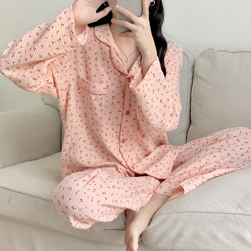 Ladies Sleepwear Two Piece Set Cherry Print Pajamas Long Sleeve Shirt+Pants Suits Pocket Homewear Sweet Floral Nightwear
Ladies Sleepwear Two Piece Set Cherry Print Pajamas Long Sleeve Shirt+Pants Suits Pocket Homewear Sweet Floral Nightwear