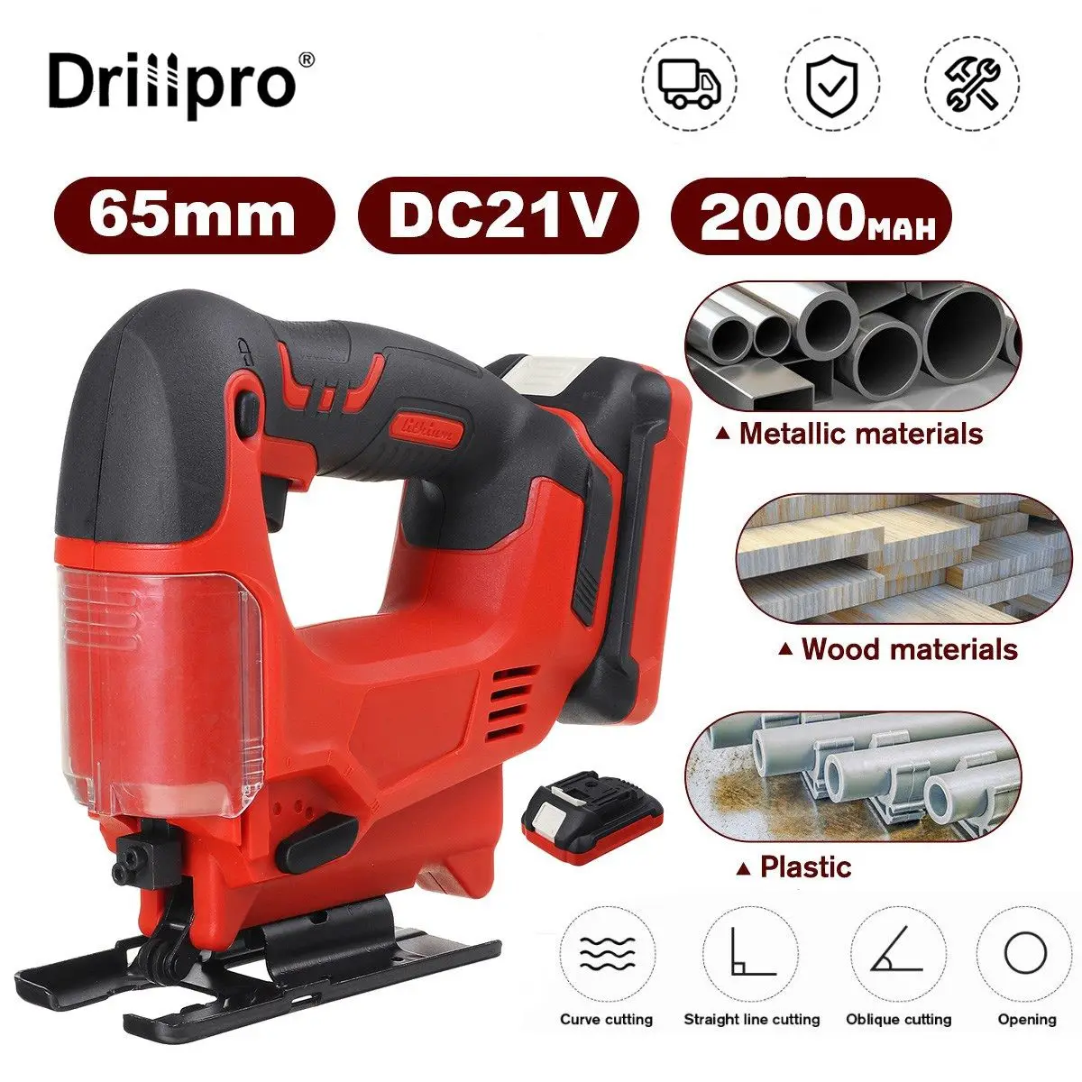 Drillpro 21V 65mm 2900RPM Electric Jigsaw Cordless Jig Saw Portable Miter Saw Woodworking Power Tools For Makita 18V Battery
Drillpro 21V 65mm 2900RPM Electric Jigsaw Cordless Jig Saw Portable Miter Saw Woodworking Power Tools For Makita 18V Battery