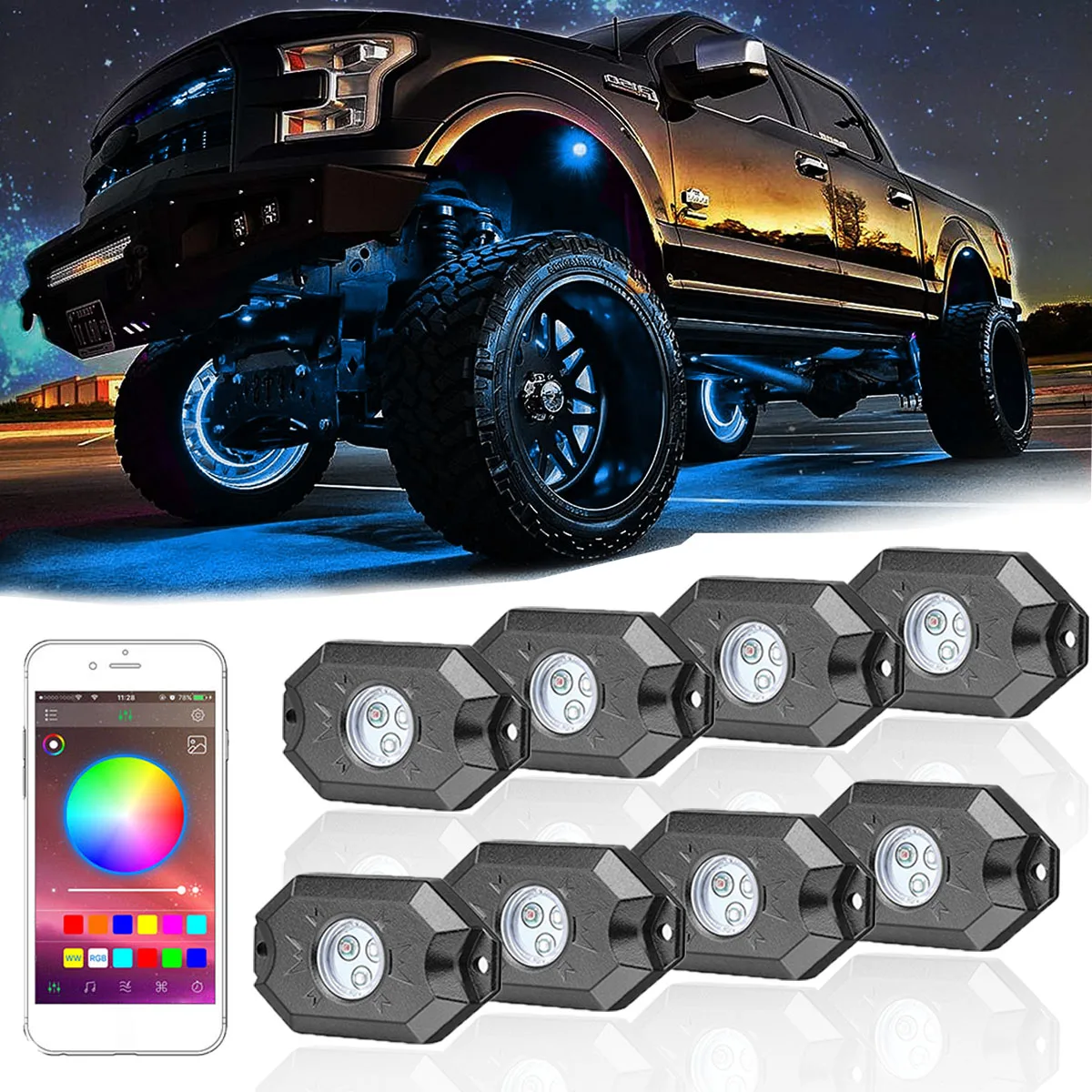 4 подсветки RGB LED Rock светильник Kit Dreamcolor неяркий кузова музыка bluetooth APP многоцветсветильник подсветка для автомобиля внедорожника
4 подсветки RGB LED Rock светильник Kit Dreamcolor неяркий кузова музыка bluetooth APP многоцветсветильник подсветка для автомобиля внедорожника