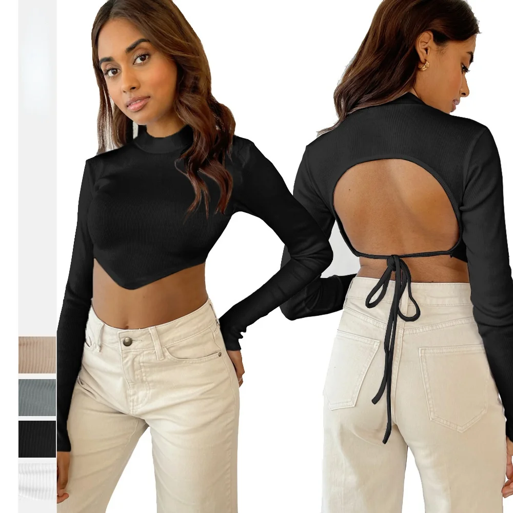 Autumn New Solid Color Sexy Backless O-Neck Long Sleeve Slim Short Tops for Women Casual T-Shirts Female Fashion Navel Tees 
Autumn New Solid Color Sexy Backless O-Neck Long Sleeve Slim Short Tops for Women Casual T-Shirts Female Fashion Navel Tees