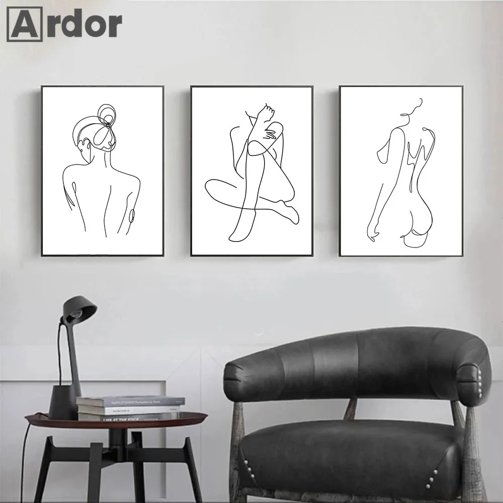 Сексуальный женский боди-арт печать голой обнаженный Холст плакат линия Рисунок