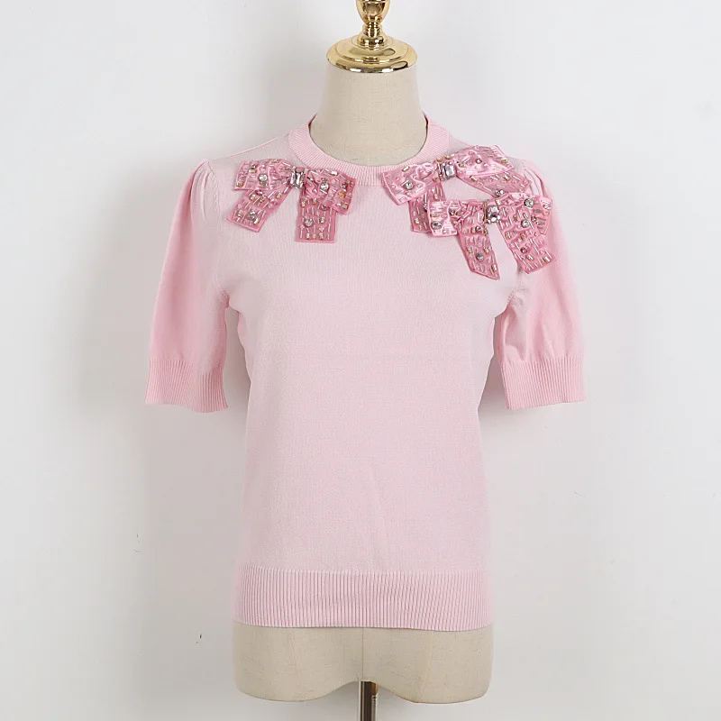 Luxury Brand Designer Knitted Pullovers for Women Causel O Neck Beading Bow Puff Sleeve Pink Knitted Sweater 
Luxury Brand Designer Knitted Pullovers for Women Causel O Neck Beading Bow Puff Sleeve Pink Knitted Sweater