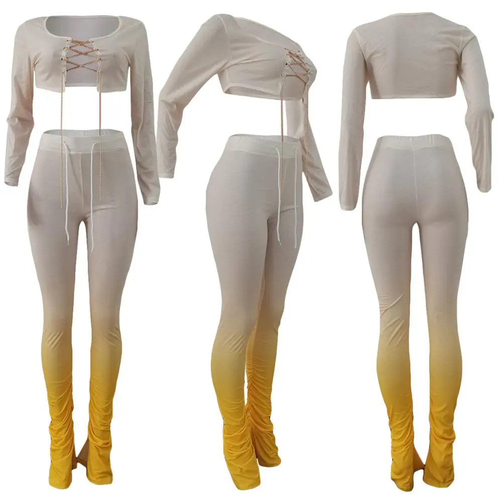 Fitness Women 2 Piece Set Chain Long Sleeve Tops Gradient Stacked Leggings Bell Bottom Flare Jogger Pants Suit Tracksuit Outfits
Fitness Women 2 Piece Set Chain Long Sleeve Tops Gradient Stacked Leggings Bell Bottom Flare Jogger Pants Suit Tracksuit Outfits