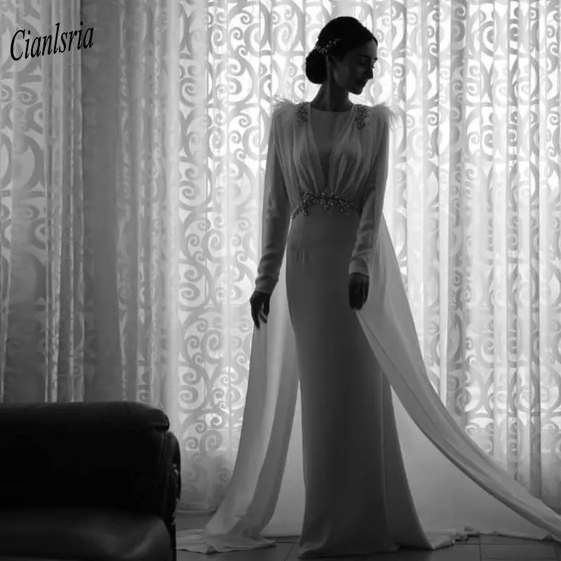 Newest Long Sleeve Mermaid Wedding Dress With Cape Feathers Beading Crystal O-Neck Bridal Wedding Dresses vestidos de novia
Newest Long Sleeve Mermaid Wedding Dress With Cape Feathers Beading Crystal O-Neck Bridal Wedding Dresses vestidos de novia