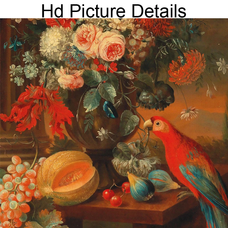 Classic Oil Painting A fruit and Flower Still Life with A Parrot Picture Wall Art for Dining Room Home Decor Poster on Canvas
Classic Oil Painting A fruit and Flower Still Life with A Parrot Picture Wall Art for Dining Room Home Decor Poster on Canvas