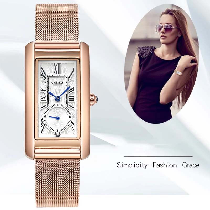 

CHENXI Ladies Watches Top Brand Luxury Slim Mesh Steel Quartz Watch For Women Rectangle Fashion Dress Women Watch Montre Femme