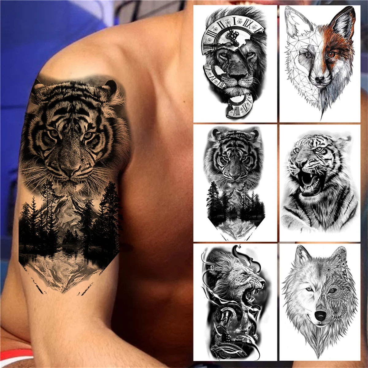 

Временные татуировки «Лес Тигр» для мужчин, женщин, мужчин, взрослых, тату-наклейки с животными, компасом, львом, реалистичные искусственные...
