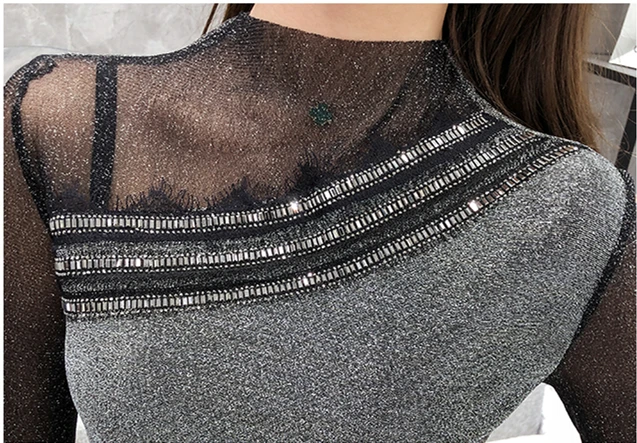 Spring Fall European Style Shiny Beads T-Shirt Girls Fashion Sexy Mock Neck Patchwork Mesh Women Tops Slim Tees 2021 New T12705A 
Spring Fall European Style Shiny Beads T-Shirt Girls Fashion Sexy Mock Neck Patchwork Mesh Women Tops Slim Tees 2021 New T12705A