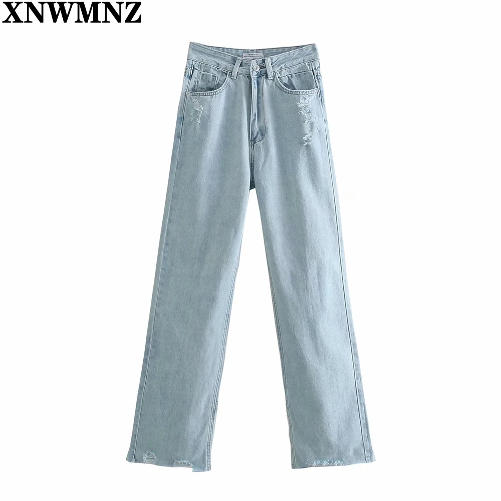 

XNWMNZ New Women Fashion full-length jeans with vents Female faded high-waist Jeans pockets button zip fly denim pants Lady
