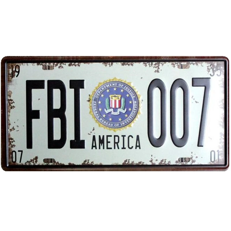 America FBI 007 Car Metal License Plate Vintage Home Decor Tin Sign Bar Pub Garage Decorative Metal Sign Art Plaque 15x30cm
America FBI 007 Car Metal License Plate Vintage Home Decor Tin Sign Bar Pub Garage Decorative Metal Sign Art Plaque 15x30cm