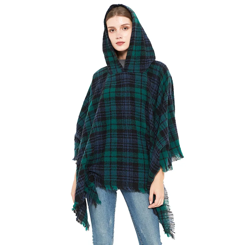 

Spring Autumn Winter Christmas Green Checked Shawl Tassels Circle Yarn Fringed Plaid Hooded Cloak Cape Poncho Pashmina Wrap Tops
