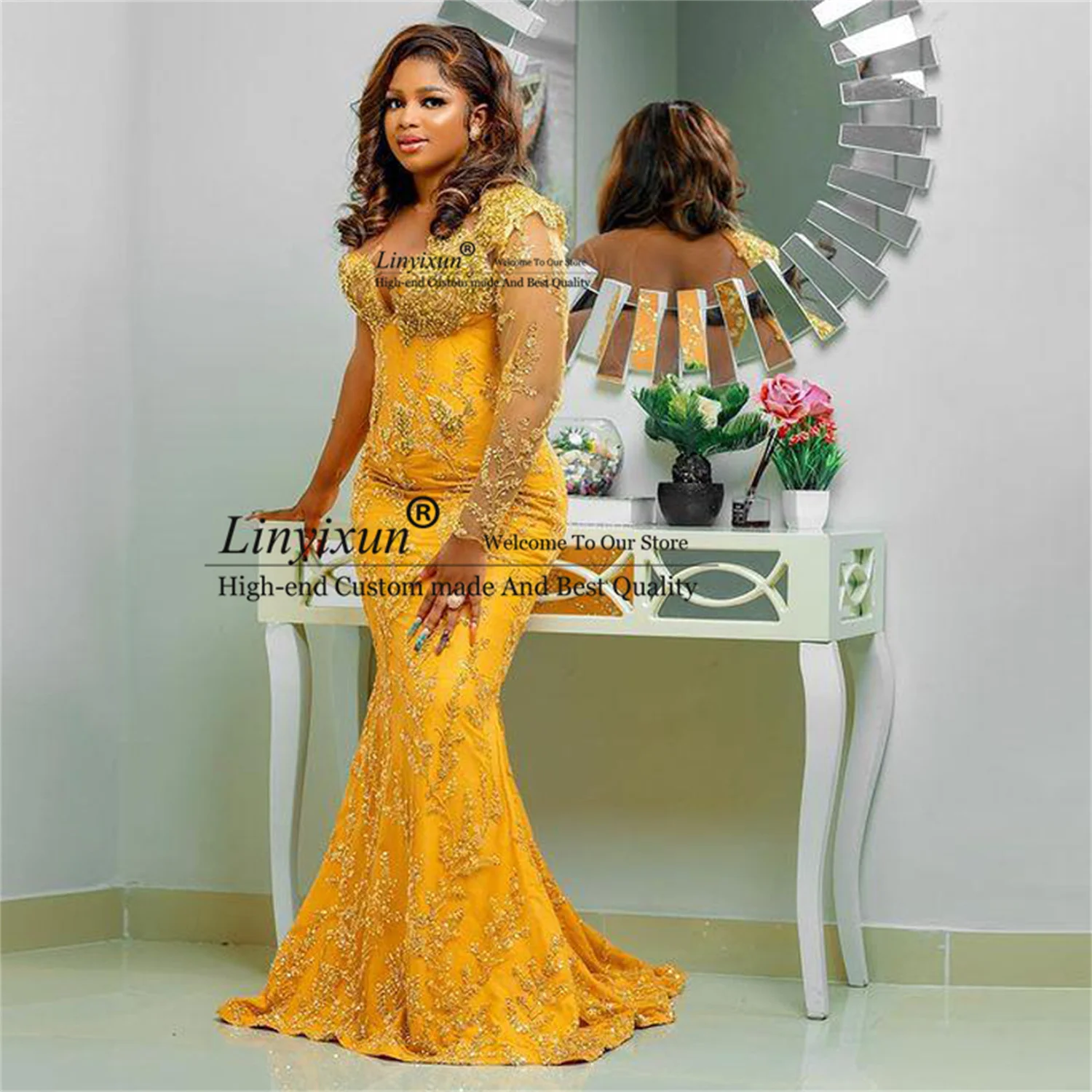 Yellow Mermaid Prom Dresses With Sequined Lace Beaded Sheer Neck Long Formal Evening Gown Plus Size Court Train Robe De Soriee
Yellow Mermaid Prom Dresses With Sequined Lace Beaded Sheer Neck Long Formal Evening Gown Plus Size Court Train Robe De Soriee