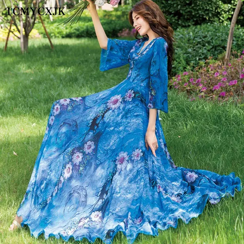 2021 New Women's Summer Dresses Chiffon Floral Beach Dress Fashion V-neck Lotus Sleeve Casual Holiday Long Loose Ladies Dresses
2021 New Women's Summer Dresses Chiffon Floral Beach Dress Fashion V-neck Lotus Sleeve Casual Holiday Long Loose Ladies Dresses