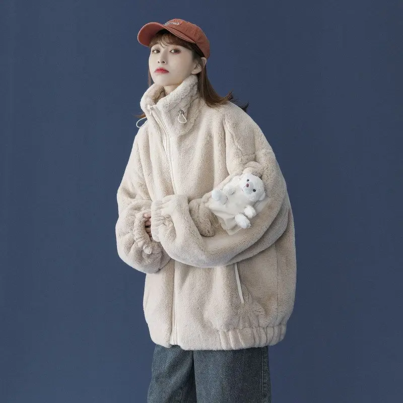 

Кавайная хлопковая куртка с медведем, женское однотонное пальто из овечьей шерсти, новинка зимы 2021, корейская мода, повседневное плотное те...