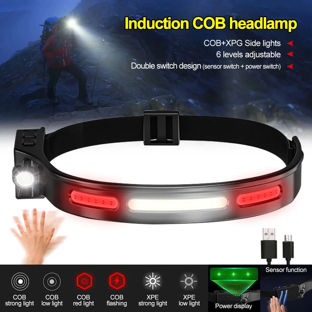 Waterproof COB+XPE LED Head Lamp 6 Modes USB Charging Induction Headlight with Red Warning Light for Outdoor Camping Hiking
Waterproof COB+XPE LED Head Lamp 6 Modes USB Charging Induction Headlight with Red Warning Light for Outdoor Camping Hiking