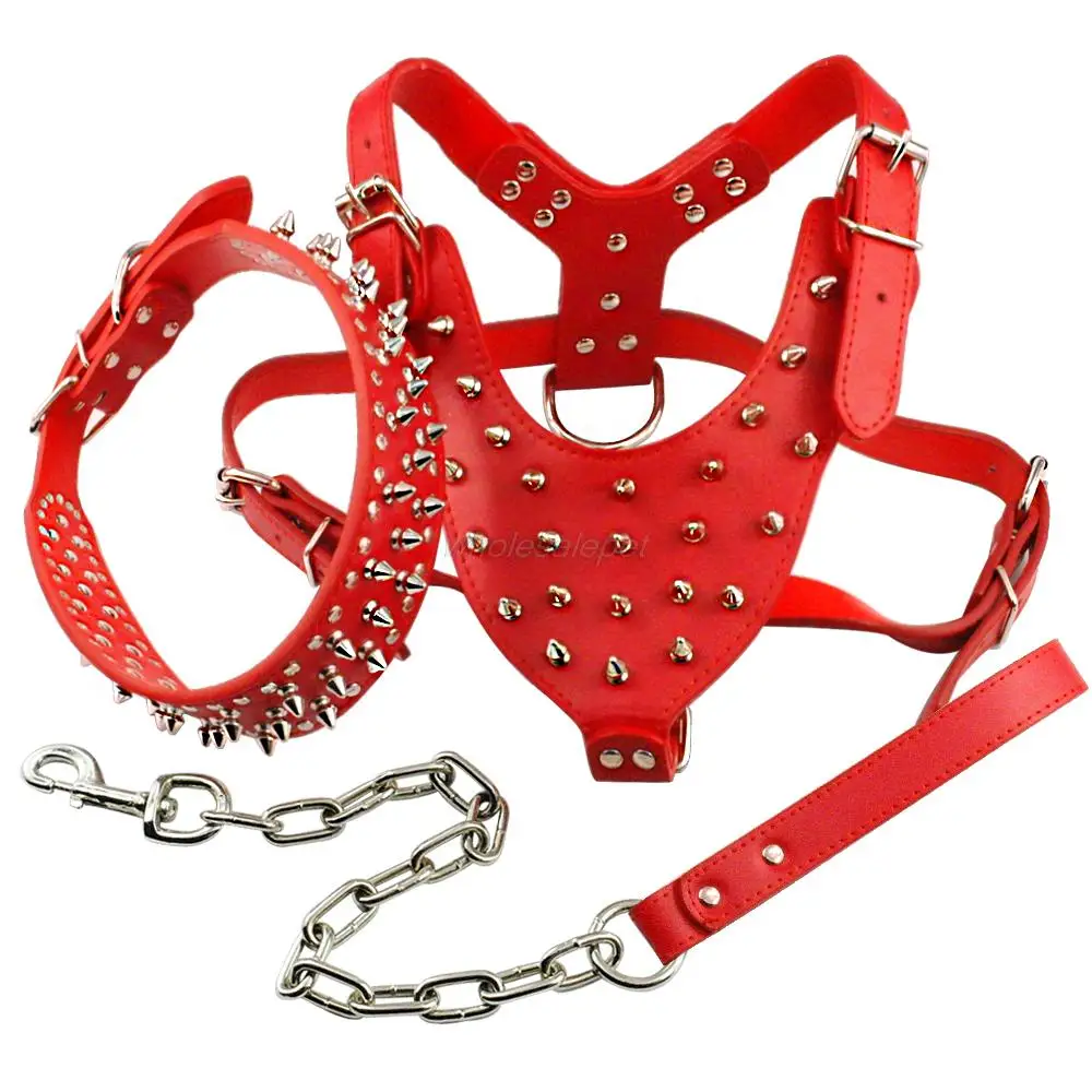 Leather Dog Harness Spiked Studded Dog Pet Collar Harness and Chain Leash Set for Medium Large Xlarge Breeds Pitbull Mastiff 
Leather Dog Harness Spiked Studded Dog Pet Collar Harness and Chain Leash Set for Medium Large Xlarge Breeds Pitbull Mastiff