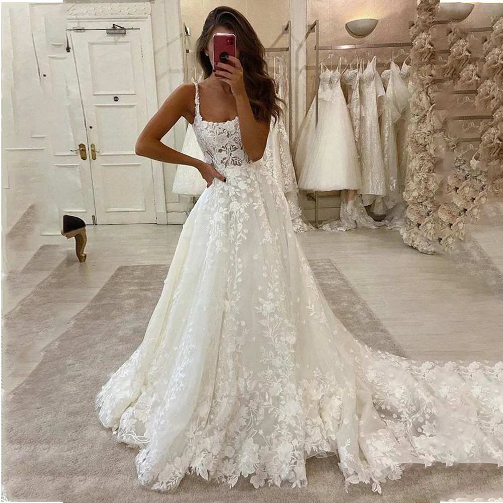 MYYBLE Lace Appliques Long Wedding Dresses Spaghetti Straps Square Neck Boho Country Wedding Bride Gown Open Back Customer Made
MYYBLE Lace Appliques Long Wedding Dresses Spaghetti Straps Square Neck Boho Country Wedding Bride Gown Open Back Customer Made