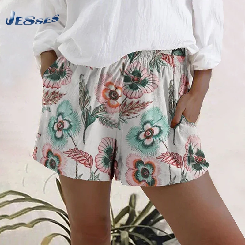 

Female Casual Short Floral Printed High Waist Bottoms Stretch Wide Leg Mini Shorts Oversized Women Pocket Homewears Mujer