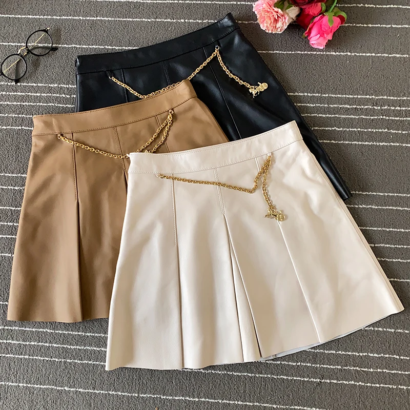 Spring Autumn 2021 Women's High quality Chains Genuine leather A-line Skirts Chic High-rise leather Skirt C487
Spring Autumn 2021 Women's High quality Chains Genuine leather A-line Skirts Chic High-rise leather Skirt C487