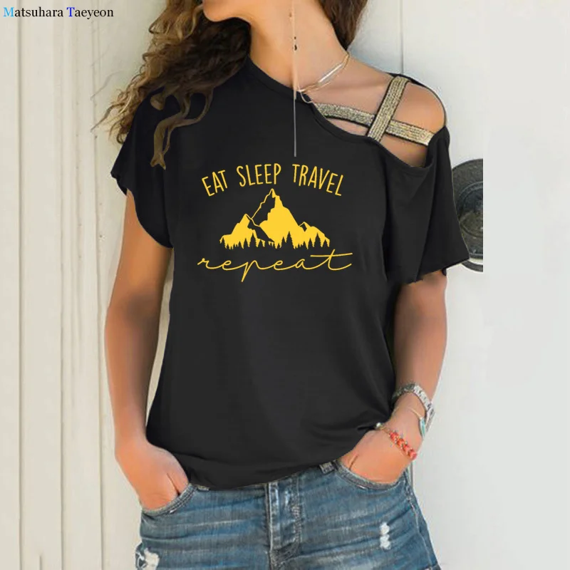 

Eat Sleep Travel Repeat Mountains T-shirt Woman Adventure Hiking Tshirt Outfit Casual Women Camping Outdoor Graphic Tees Tops