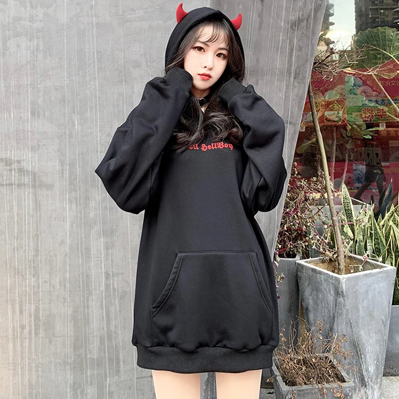 Черный Harajuku женские толстовки с капюшоном осень 2019 в стиле готик-панк