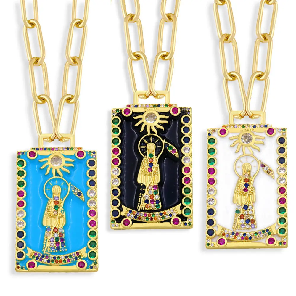 

Colorful CZ Enamel Square Necklace Tarot For Women Inlaid Zircon Engraved Grim Reaper Pattern Pendant Retro Hip Hop Jewelry Gift