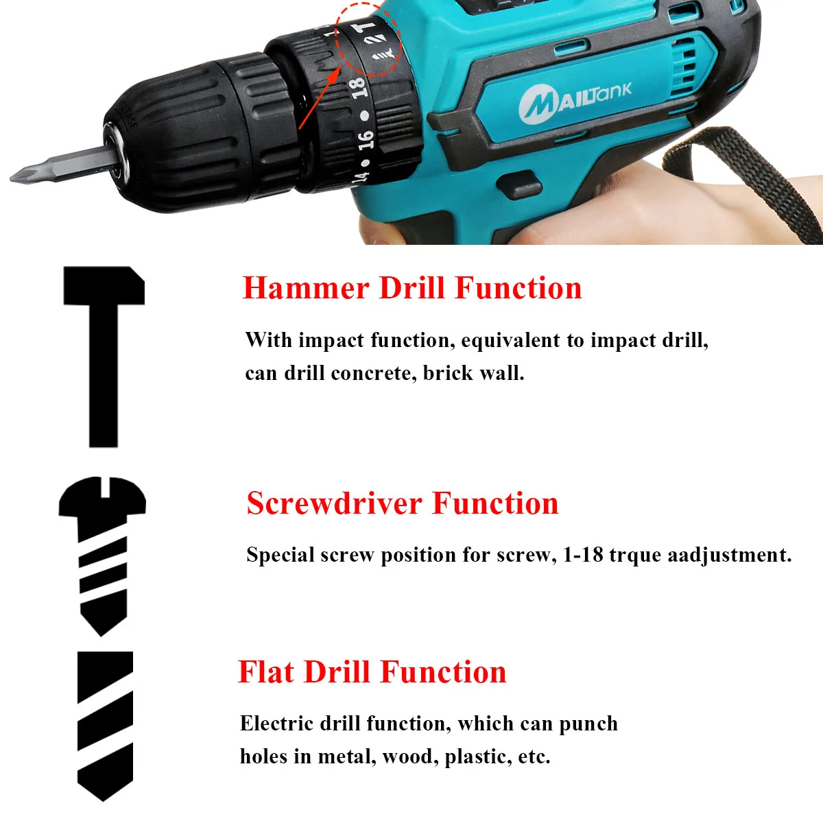 3 In 1 32V Cordless Electric Drill Hammer Screwdriver 2 Speed LED Lighting Impact Drill with Battery 38Nm 18+3 Torque Power Tool
3 In 1 32V Cordless Electric Drill Hammer Screwdriver 2 Speed LED Lighting Impact Drill with Battery 38Nm 18+3 Torque Power Tool