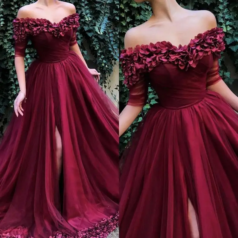 Elegant Prom Dresses Off Shoulder Handmade Flowers 1/2 Sleeves Tulle High Side Split Evening Dresses Special Occasions Dresses
Elegant Prom Dresses Off Shoulder Handmade Flowers 1/2 Sleeves Tulle High Side Split Evening Dresses Special Occasions Dresses