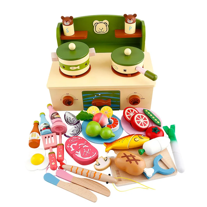 Wooden children cut fruits and vegetables toys Simulation play house kitchen stove toy set Learning puzzle Girl gift
Wooden children cut fruits and vegetables toys Simulation play house kitchen stove toy set Learning puzzle Girl gift
