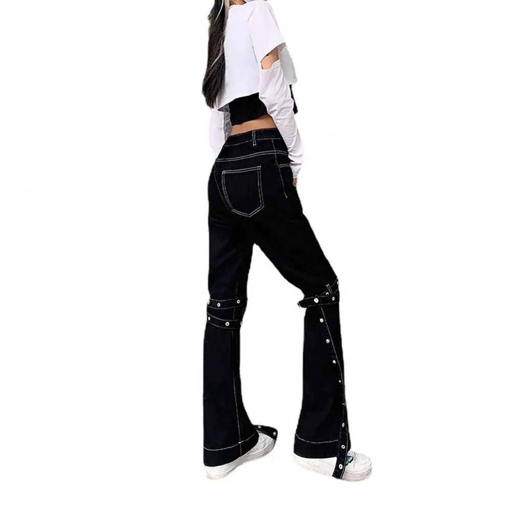 

Расклешенные джинсы Высокая Талия Длинные штаны Для женщин Бандажное карманы со штанами клеш низ джинсовые брюки pantalones de mujer джинсы женские...