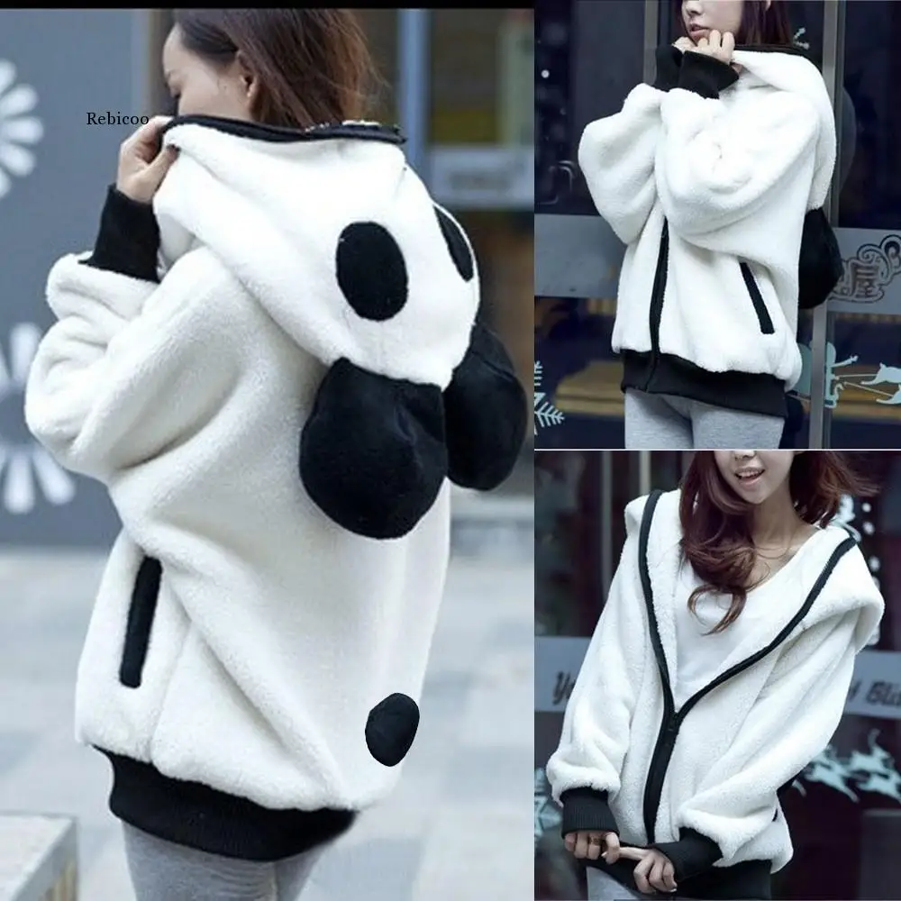 

kawaii Hoodies Women fur Coat sweatshirt zip-up Cute Panda Ear cap autumn winter Warm Hooded turtleneck Outerwear sudadera mujer