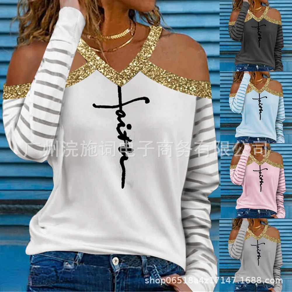 2021 fall new women's off shoulder long sleeve letter print hanging neck T-Shirt Top
2021 fall new women's off shoulder long sleeve letter print hanging neck T-Shirt Top