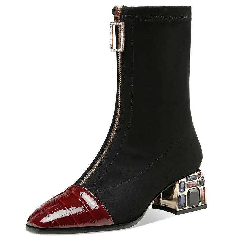 Женские ботильоны из натуральной кожи, на высоком каблуке, с кристаллами 
Женские ботильоны из натуральной кожи, на высоком каблуке, с кристаллами