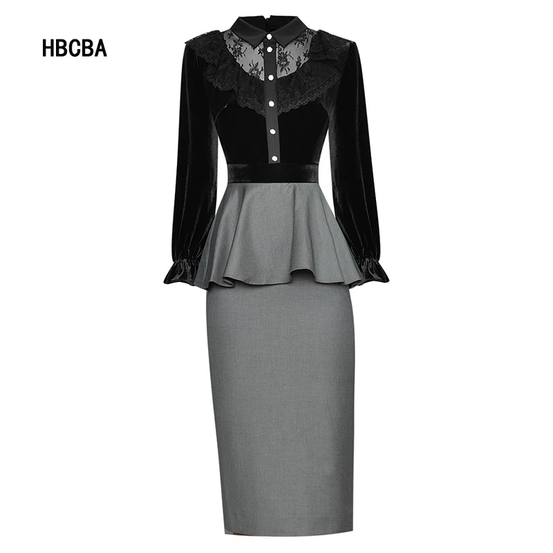 HBCBA Fashion Designer Autumn Pencil Dress Women Long Sleeve Lace Ruffles Velvet Patchwork Office Lady Slim Midi Dress
HBCBA Fashion Designer Autumn Pencil Dress Women Long Sleeve Lace Ruffles Velvet Patchwork Office Lady Slim Midi Dress