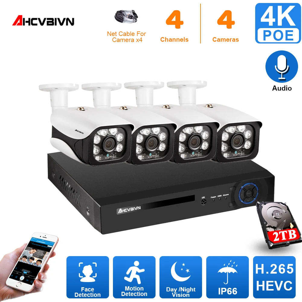 4CH 4K NVR 4pcs 8MP Face Detection Cameras POE IP Security System Kit With Audio Camera Indoor/Outdoor P2P IP66 Weatherproof
4CH 4K NVR 4pcs 8MP Face Detection Cameras POE IP Security System Kit With Audio Camera Indoor/Outdoor P2P IP66 Weatherproof