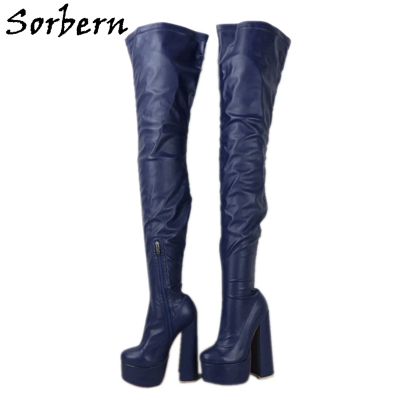 

Sorbern Navy Blue Big Heels Long Boots Mid Thigh High Unisex Boot Thick Platform 20Cm Extreme Chunky High Heel Half Side Zippers