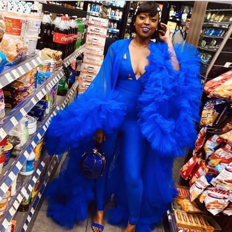 

Royal Blue Ruffles Tiered Tutu Overlay 2020 Sexy See Thru Women Cloak Full Sleeves Female Long Dresses High Street