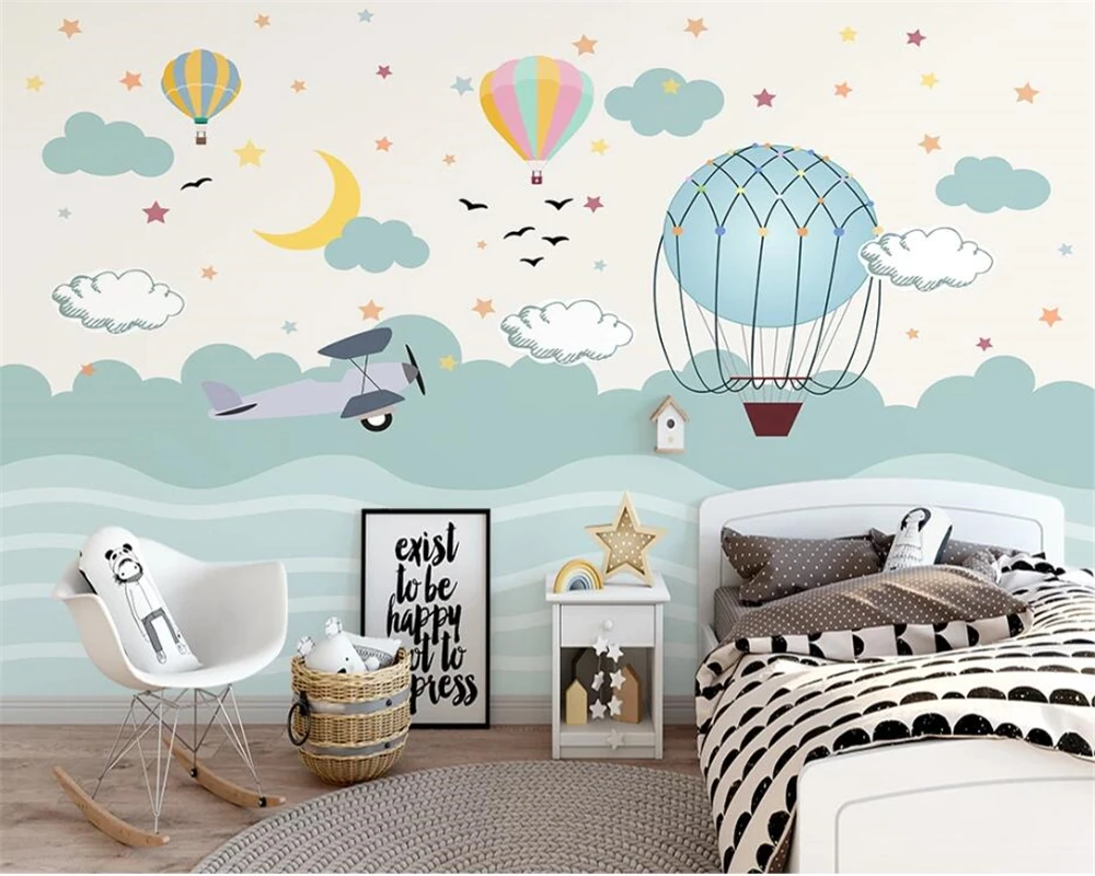 

beibehang Customized Nordic hand-painted hot air balloon starry sky children's room background papel de parede wallpaper