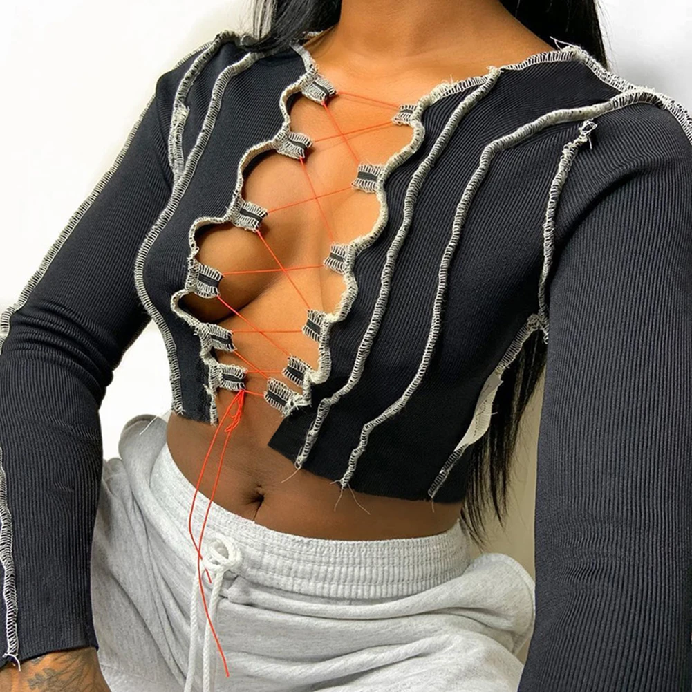 T-Shirt Crop-Tops Club-Tie Long-Sleeve Party Sexy Women Knitwear Ribbed Lace-Up Hollow-Out Y2K E Girl Aesthetic Female Tops
T-Shirt Crop-Tops Club-Tie Long-Sleeve Party Sexy Women Knitwear Ribbed Lace-Up Hollow-Out Y2K E Girl Aesthetic Female Tops