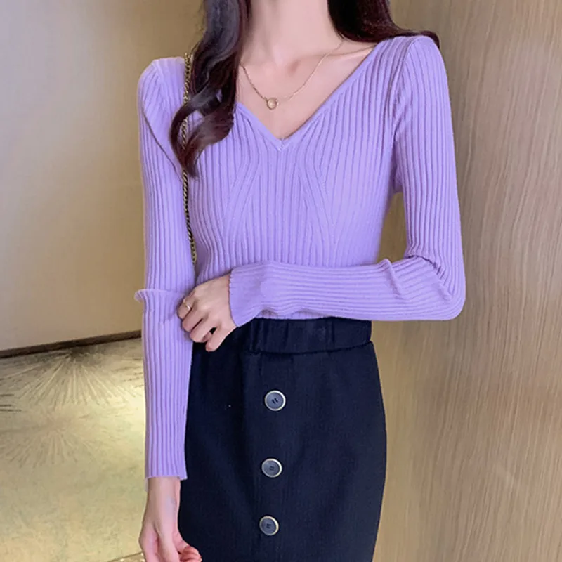 V-neck Sweater Women Knitted Autumn Winter Pullover Long Sleeve Solid Color Chic Slim Pull Femme Jumper Soft Purple 
V-neck Sweater Women Knitted Autumn Winter Pullover Long Sleeve Solid Color Chic Slim Pull Femme Jumper Soft Purple