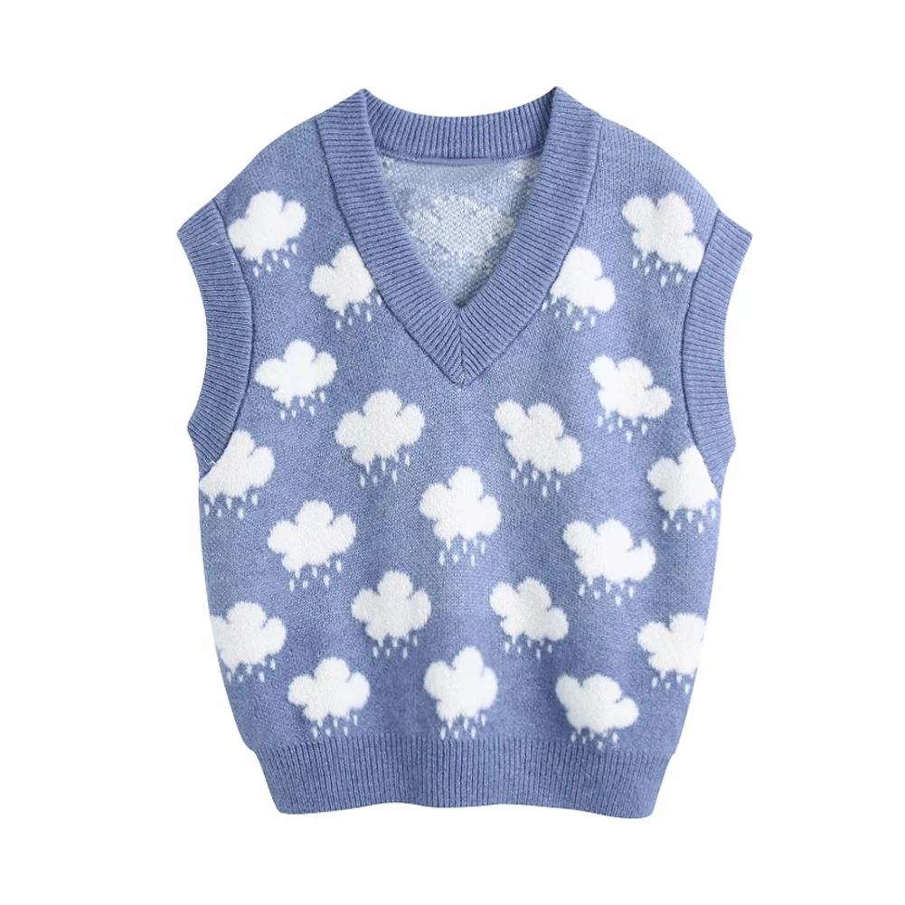 2021 Fashion Women Fashion V Neck Cloud Pattern Knitting Sweater Female Sleeveless Casual Slim Vest Chic Leisure Pullovers Tops
2021 Fashion Women Fashion V Neck Cloud Pattern Knitting Sweater Female Sleeveless Casual Slim Vest Chic Leisure Pullovers Tops