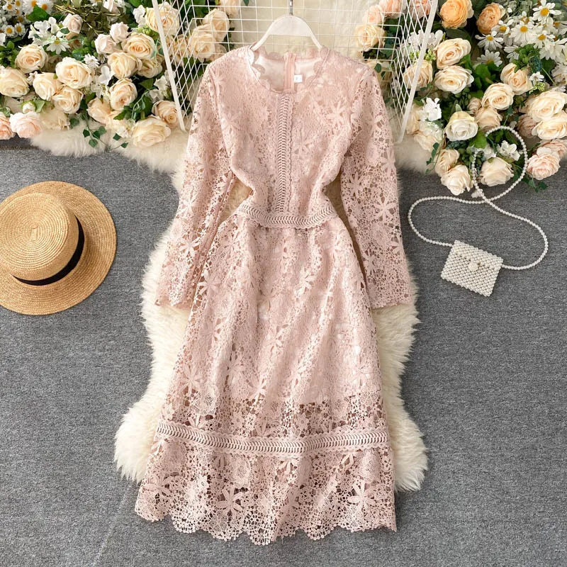 Fall Women Dress Hollow Out Long Sleeve Urban Pullover Dress Ladies Elegant Crochet Floral Slim Mid-calf A-line Empire Dresses
Fall Women Dress Hollow Out Long Sleeve Urban Pullover Dress Ladies Elegant Crochet Floral Slim Mid-calf A-line Empire Dresses