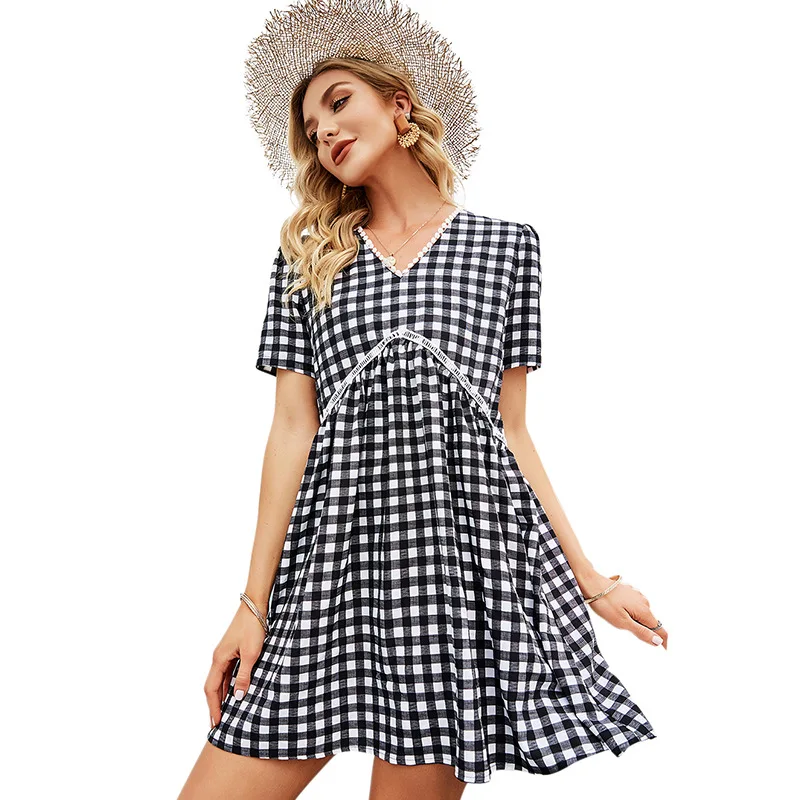 Gezelligheid Dresses For Women 2021 New Summer Fresh Sweet V-Neck Black White Plaid Casual Houndstooth Short Sleeve Brief Dress
Gezelligheid Dresses For Women 2021 New Summer Fresh Sweet V-Neck Black White Plaid Casual Houndstooth Short Sleeve Brief Dress